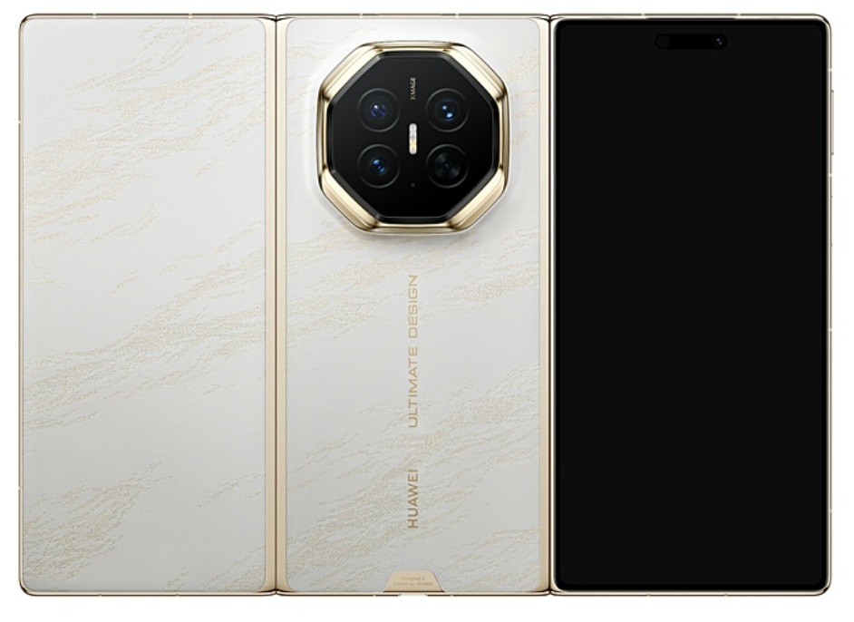 نمای پشتی گوشی تاشوی سهلایه Huawei Mate XT 2 در رنگ طلایی-سفید با بدنه سفید طرحدار و لبههای طلایی و دوربین هشتضلعی با چهار لنز و نمایشگر باز.