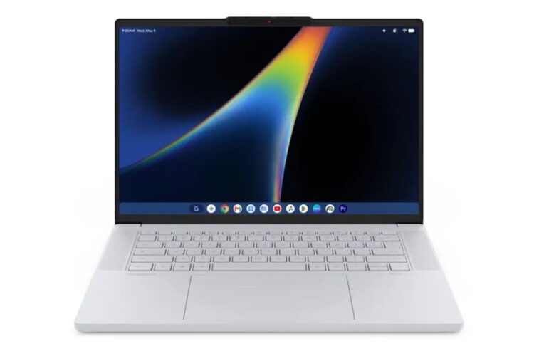 لپ‌تاپ لنوو Googlebook در نمای تبلیغاتی، با نمایشگر باریک و بدنه‌ای ساده در فضایی مرتبط با اکوسیستم گوگل.
