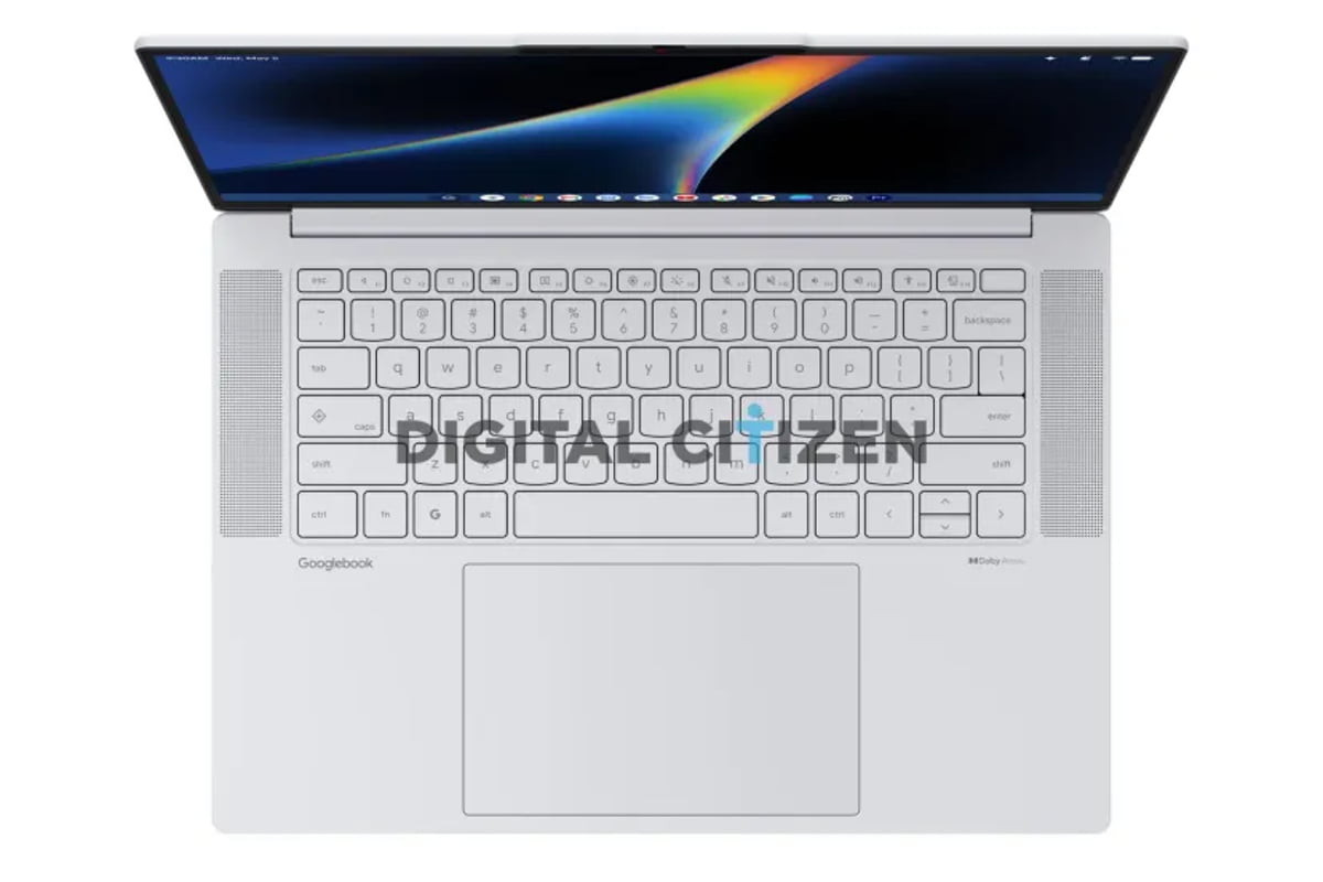 نمای نزدیک صفحه‌کلید لپ‌تاپ لو‌رفته لنوو Googlebook با کلیدهای مشکی، تاچ‌پد بزرگ و بدنه باریک.