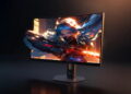 نمای نزدیک مانیتور گیمینگ Lenovo Legion که یک افکت بصری سهبعدی (Pop-out) را نمایش میدهد؛ به طوری که بخشی از سلاح شخصیت بازی از کادر نمایشگر خارج شده است. مانیتور روی پایهای با طراحی ششضلعی و مدرن قرار دارد و نورپردازی گرم در پسزمینه تیره، تمرکز را روی کیفیت تصویر و طراحی مینیمال دستگاه حفظ کرده است.