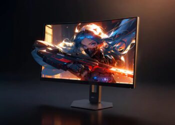 نمای نزدیک مانیتور گیمینگ Lenovo Legion که یک افکت بصری سه‌بعدی (Pop-out) را نمایش می‌دهد؛ به طوری که بخشی از سلاح شخصیت بازی از کادر نمایشگر خارج شده است. مانیتور روی پایه‌ای با طراحی شش‌ضلعی و مدرن قرار دارد و نورپردازی گرم در پس‌زمینه تیره، تمرکز را روی کیفیت تصویر و طراحی مینیمال دستگاه حفظ کرده است.