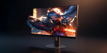 نمای نزدیک مانیتور گیمینگ Lenovo Legion که یک افکت بصری سهبعدی (Pop-out) را نمایش میدهد؛ به طوری که بخشی از سلاح شخصیت بازی از کادر نمایشگر خارج شده است. مانیتور روی پایهای با طراحی ششضلعی و مدرن قرار دارد و نورپردازی گرم در پسزمینه تیره، تمرکز را روی کیفیت تصویر و طراحی مینیمال دستگاه حفظ کرده است.