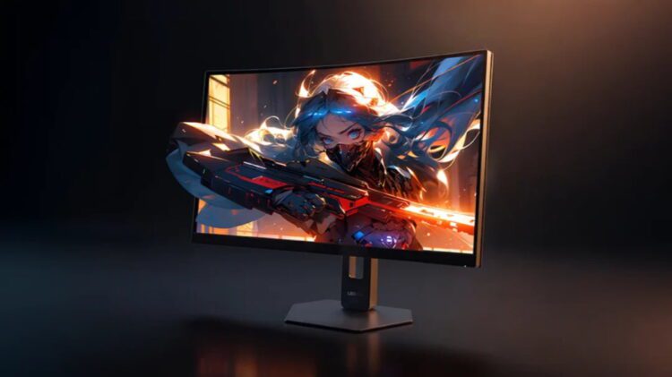 نمای نزدیک مانیتور گیمینگ Lenovo Legion که یک افکت بصری سهبعدی (Pop-out) را نمایش میدهد؛ به طوری که بخشی از سلاح شخصیت بازی از کادر نمایشگر خارج شده است. مانیتور روی پایهای با طراحی ششضلعی و مدرن قرار دارد و نورپردازی گرم در پسزمینه تیره، تمرکز را روی کیفیت تصویر و طراحی مینیمال دستگاه حفظ کرده است.