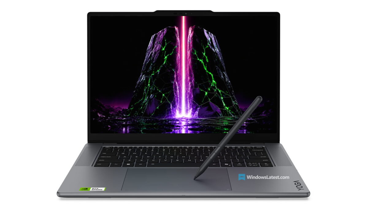 لپتاپ Lenovo Yoga Pro 9n با برچسب NVIDIA RTX Spark، قلم روی تاچپد و نمایش تصویری انتزاعی با صخرههای بنفش و نور سبز روی نمایشگر.