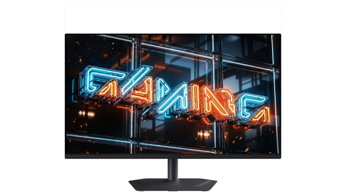 نمای روبهروی مانیتور GIGABYTE MO32U24 با تصویر نئون «GAMING» روی صفحه.