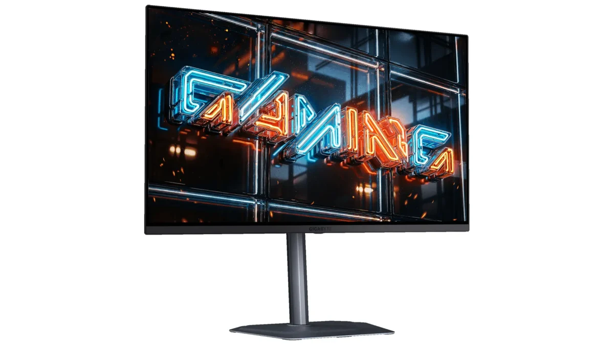 مانیتور GIGABYTE MO32U24 از زاویه سهربع، با نمایش تصویر نئون روی صفحه.