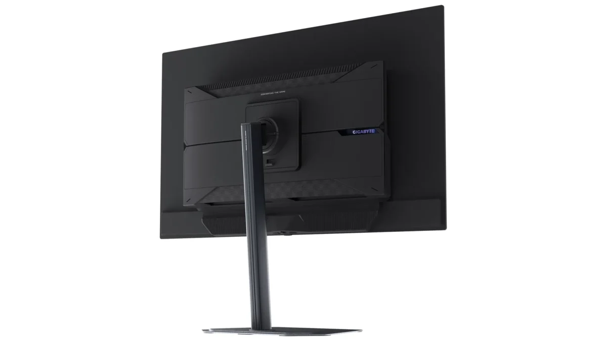 نمای پشت مانیتور گیمینگ GIGABYTE MO32U24 با طراحی زاویهدار و پایه وسط.