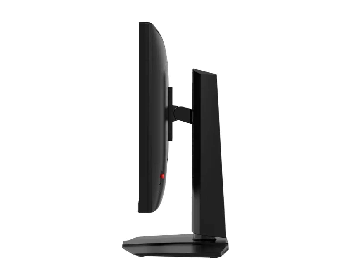 تصویر پروفایل جانبی مانیتور MSI MAG 271KPD7 که قابلیت تنظیم ارتفاع و زاویه دید پایه ارگونومیک آن را برای بهترین چیدمان میز گیمینگ نشان میدهد.