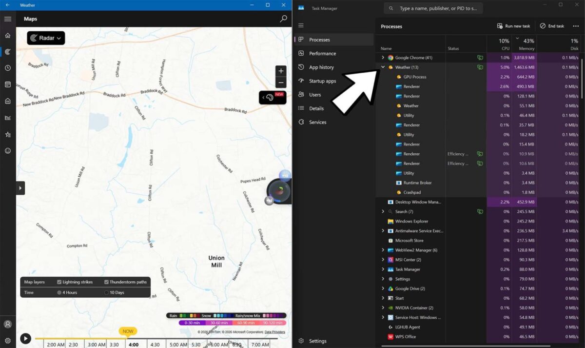 تصویر دو قسمتی از نقشه برنامه Weather در سمت چپ و پنجره Task Manager در سمت راست با اشاره فلش سفید به مصرف حدود ۱٫۵ گیگابایتی رم توسط برنامه آب و هوا