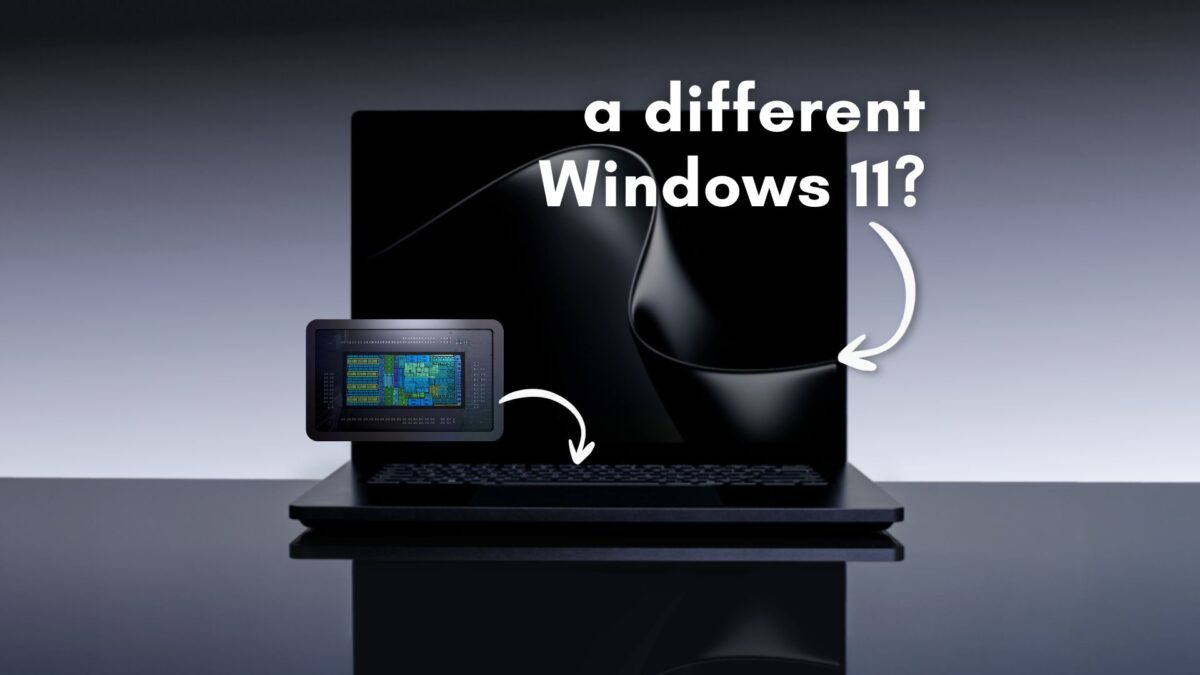 تصویر مفهومی لپتاپ مشکی با عنوان «a different Windows 11?» و نمایی از تراشه در کنار صفحهکلید، با پیکانهایی که اجزای سختافزاری را نشان میدهند.