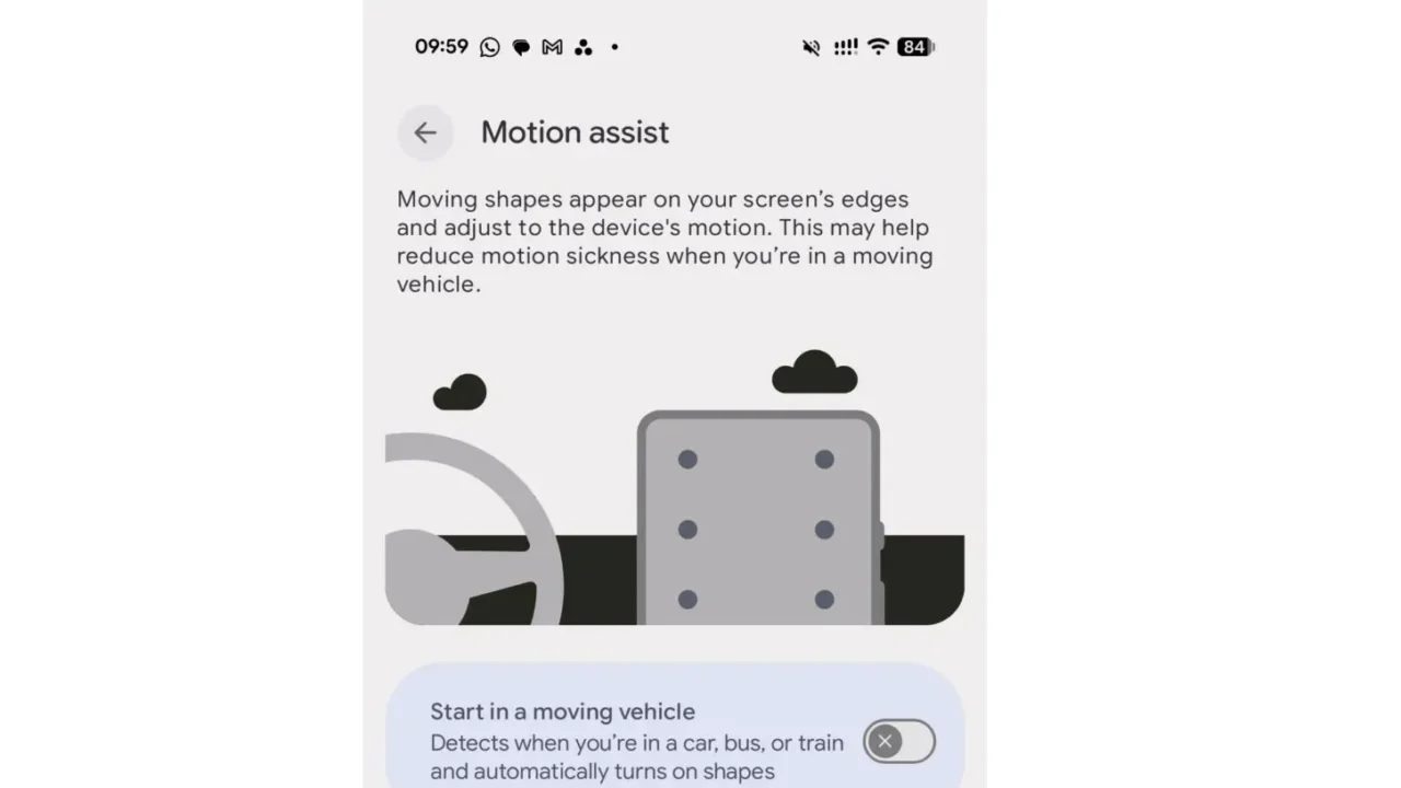 تصویر رابط کاربری تنظیمات Motion Assist در گوشی گوگل پیکسل با طرح گرافیکی خودرو، تبلت دارای نقاط متحرک و کلید فعال‌سازی خودکار در وسیله نقلیه.