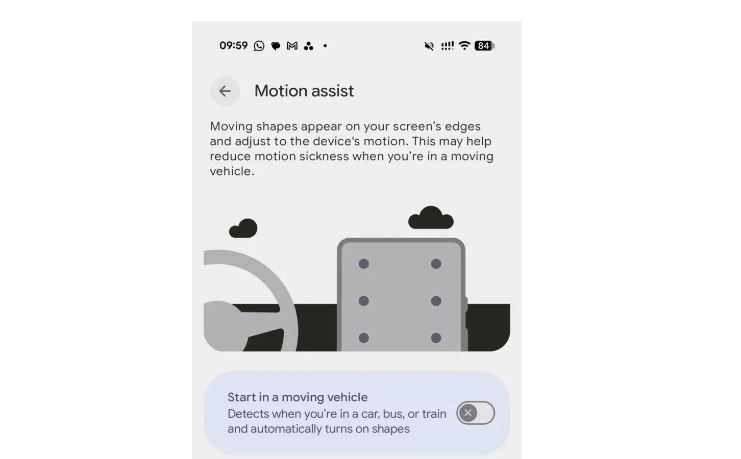 تصویر رابط کاربری تنظیمات Motion Assist در گوشی گوگل پیکسل با طرح گرافیکی خودرو، تبلت دارای نقاط متحرک و کلید فعال‌سازی خودکار در وسیله نقلیه.