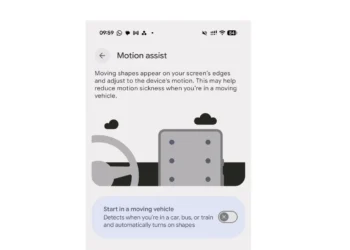 تصویر رابط کاربری تنظیمات Motion Assist در گوشی گوگل پیکسل با طرح گرافیکی خودرو، تبلت دارای نقاط متحرک و کلید فعال‌سازی خودکار در وسیله نقلیه.