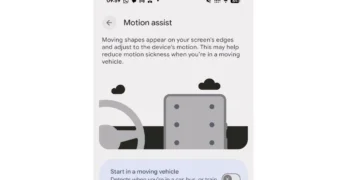تصویر رابط کاربری تنظیمات Motion Assist در گوشی گوگل پیکسل با طرح گرافیکی خودرو، تبلت دارای نقاط متحرک و کلید فعال‌سازی خودکار در وسیله نقلیه.