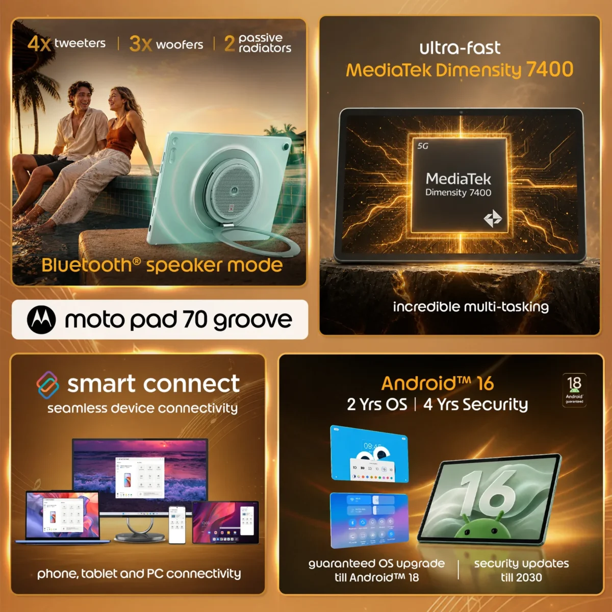 نمایی از تبلت Moto Pad 70 Groove با نمایشگر ۱۲.۱ اینچی ۱۲۰ هرتزی