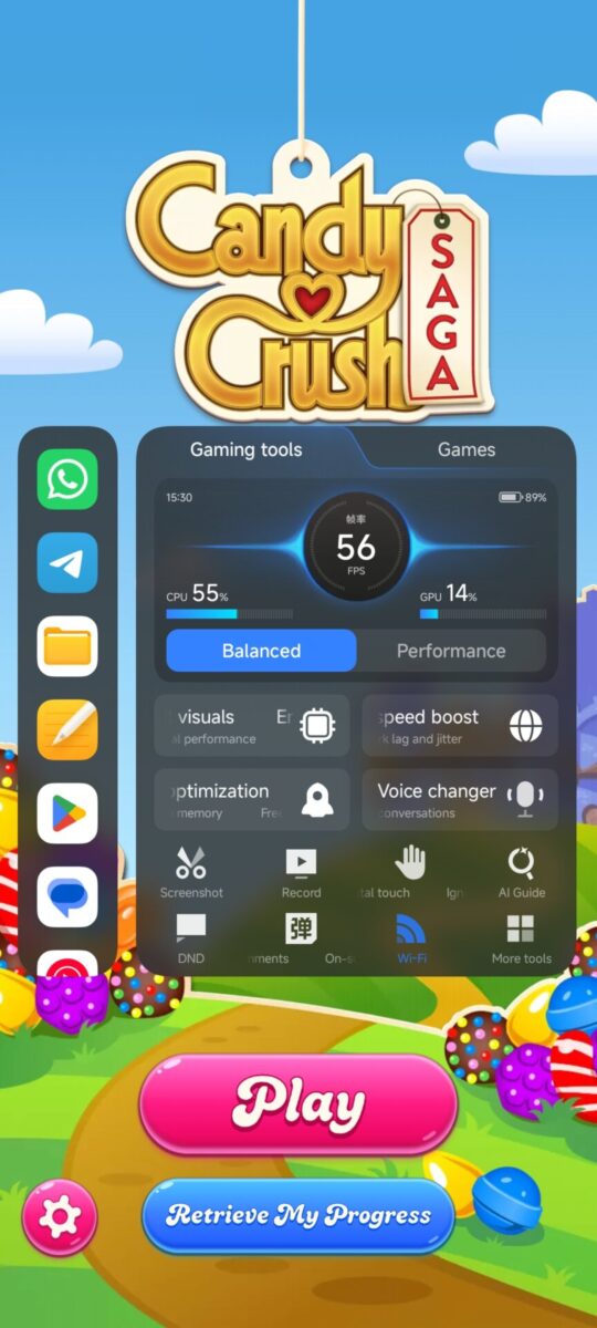 رابط کاربری ابزارک‌های مخصوص بازی (Gaming tools) در حالت Balanced شیائومی هایپر او‌اس (HyperOS) روی بازی Candy Crush Saga، با نمایش آیکون‌های برنامه‌ها و مشخصات لحظه‌ای سخت‌افزاری (CPU 55%، GPU 14% و ۵۶ فریم بر ثانیه)