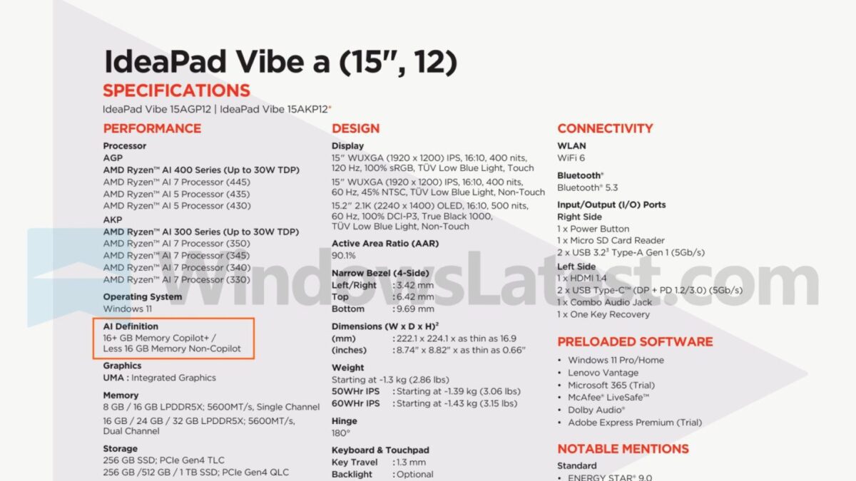 جدول مشخصات فنی لپتاپ IdeaPad Vibe a 15 اینچی لنوو با کادر نارنجی دور تعریف هوش مصنوعی برای حافظه ۱۶ گیگابایت به بالا جهت اجرای Copilot+.