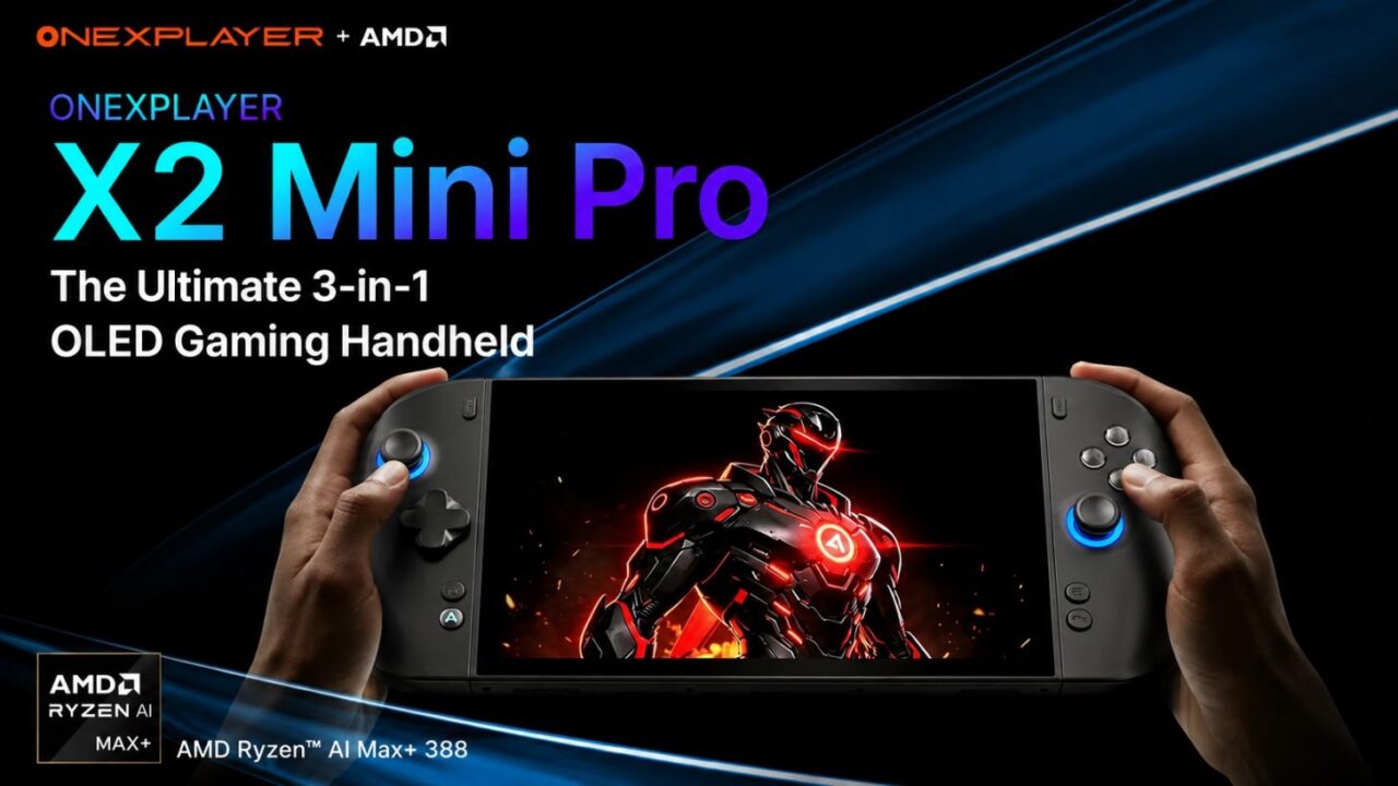 کنسول بازی دستی مشکیرنگ OneXPlayer X2 Mini Pro در دست با نمایش تصویر والپیپر روبات جنگنده و حلقههای نوری دور جویاستیکها.
