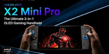 کنسول بازی دستی مشکیرنگ OneXPlayer X2 Mini Pro در دست با نمایش تصویر والپیپر روبات جنگنده و حلقههای نوری دور جویاستیکها.