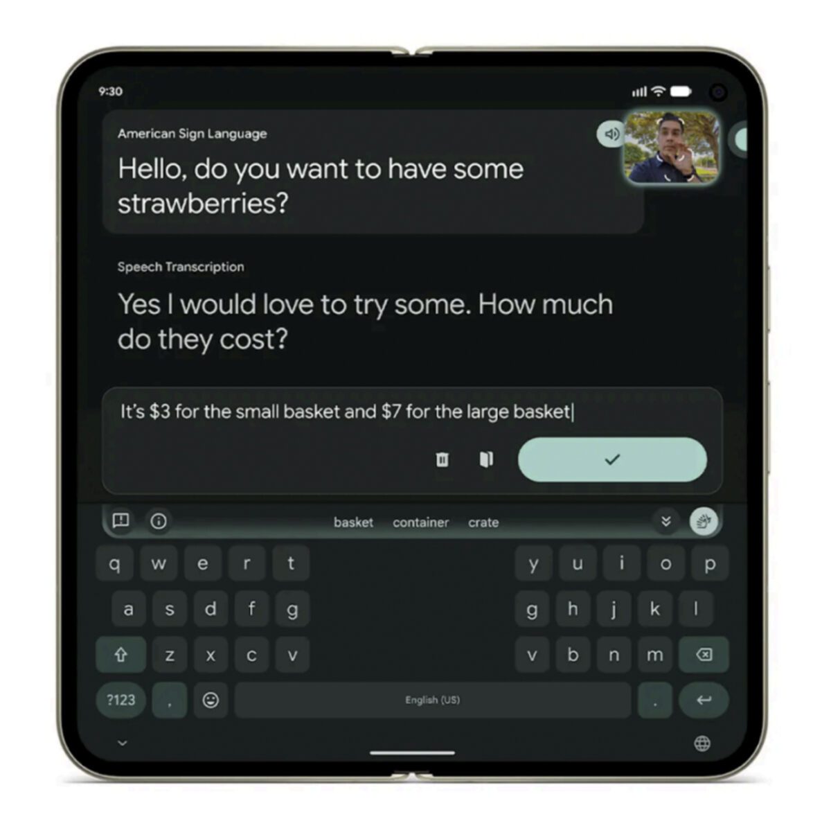 قابلیت تبدیل زبان اشاره به متن در پیکسل 11 فولد پرو روی نمایشگر داخلی و صفحهکلید Gboard.