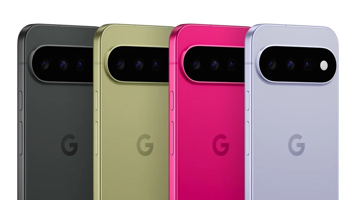 نمای پشت Google Pixel 11 در چهار رنگ Obsidian، Pistachio، Hibiscus و Frost.