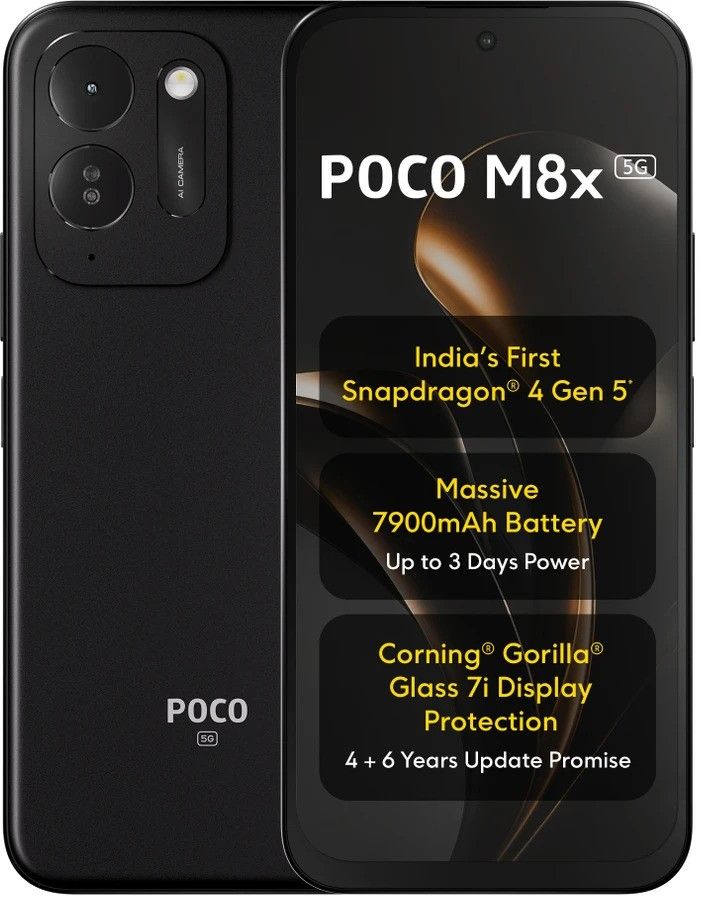تصویر تبلیغاتی Poco M8x 5G در رنگ مشکی که نمای جلو و پشت گوشی را نشان می‌دهد. متن تصویر به تراشه Snapdragon 4 Gen 5، باتری ۷۹۰۰ میلی‌آمپرساعتی، نمایشگر با محافظ Gorilla Glass 7i و وعده چهار سال به‌روزرسانی اشاره دارد.