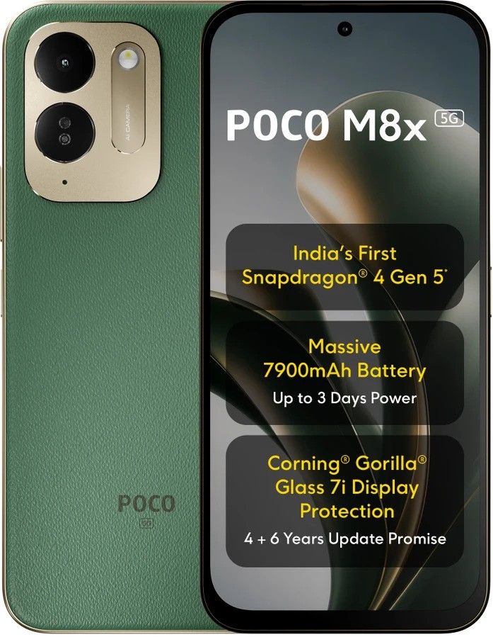 تصویر تبلیغاتی Poco M8x 5G در رنگ سبز که نمای جلو و پشت گوشی را نشان می‌دهد. متن تصویر به تراشه Snapdragon 4 Gen 5، باتری ۷۹۰۰ میلی‌آمپرساعتی، نمایشگر با محافظ Gorilla Glass 7i و وعده چهار سال به‌روزرسانی اشاره دارد.
