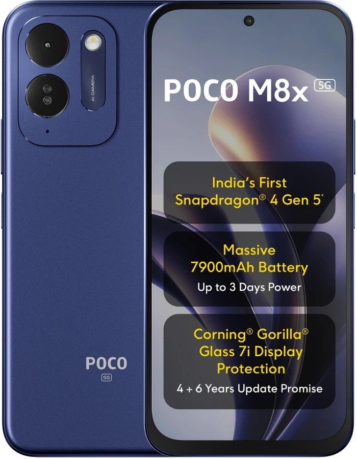 تصویر تبلیغاتی Poco M8x 5G در رنگ آبی که نمای جلو و پشت گوشی را نشان می‌دهد. متن تصویر به تراشه Snapdragon 4 Gen 5، باتری ۷۹۰۰ میلی‌آمپرساعتی، نمایشگر با محافظ Gorilla Glass 7i و وعده چهار سال به‌روزرسانی اشاره دارد.
