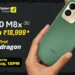بنر تبلیغاتی Poco M8x 5G در رنگ سبز که گوشی در دست کاربر دیده میشود. تصویر قیمت آغازین ۱۸٬۹۹۹ روپیه، استفاده از Snapdragon 4 Gen 5 و شروع فروش در ۲۷ اوت ساعت ۱۲ ظهر را نمایش میدهد.