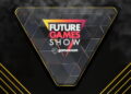 لوگوی Future Games Show با عبارت gamescom درون یک قاب مثلثی مشکی با حاشیه زرد و پسزمینهای تیره و هندسی.