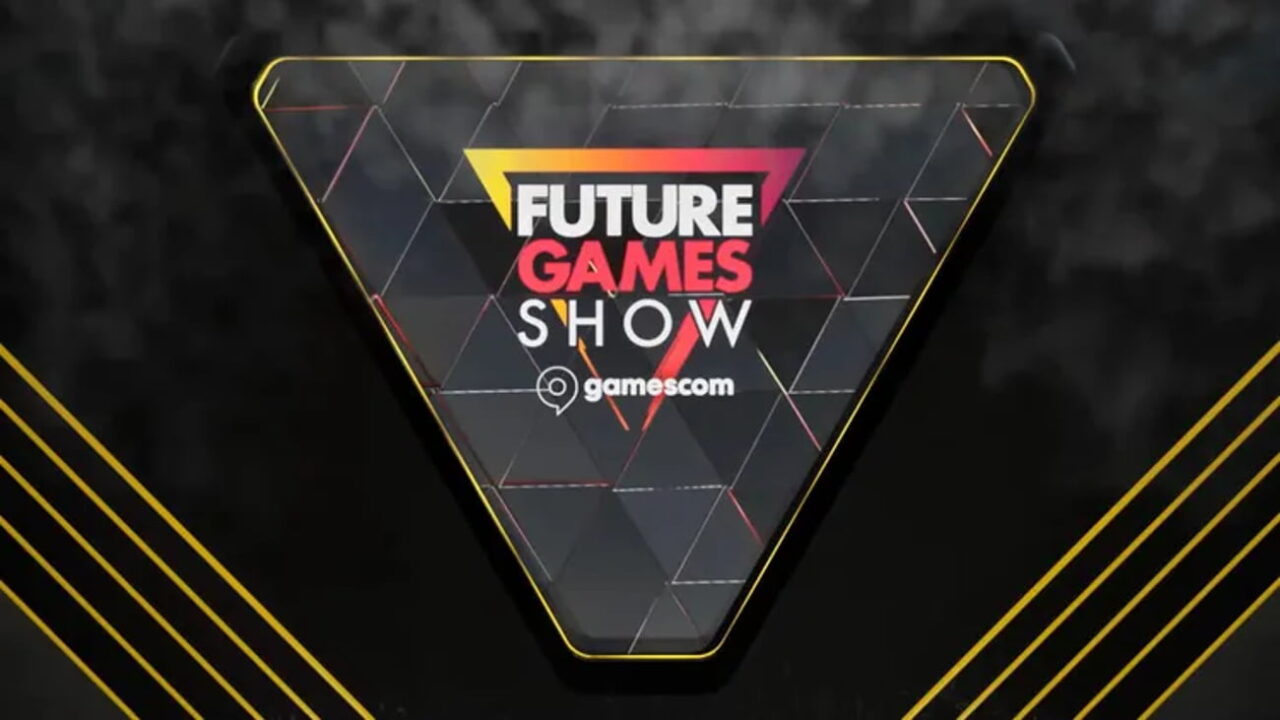 لوگوی Future Games Show با عبارت gamescom درون یک قاب مثلثی مشکی با حاشیه زرد و پسزمینهای تیره و هندسی.