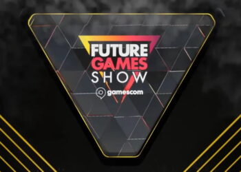 لوگوی Future Games Show با عبارت gamescom درون یک قاب مثلثی مشکی با حاشیه زرد و پس‌زمینه‌ای تیره و هندسی.