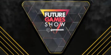 لوگوی Future Games Show با عبارت gamescom درون یک قاب مثلثی مشکی با حاشیه زرد و پسزمینهای تیره و هندسی.