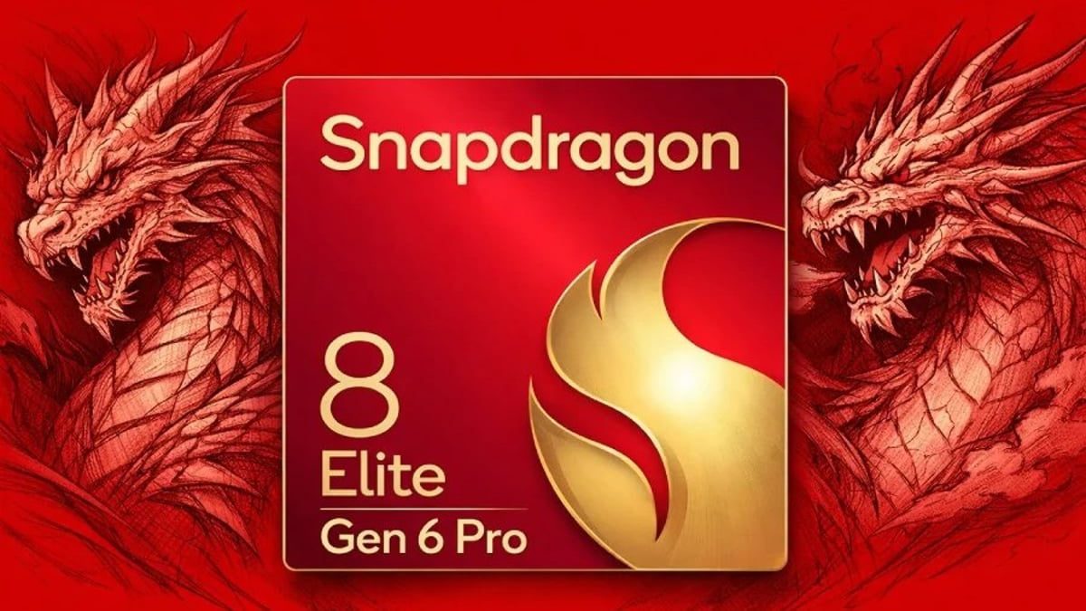 تصویر مفهومی از تراشه Snapdragon 8 Elite Gen 6 Pro با رنگبندی قرمز و طلایی و طرح دو اژها در پسزمینه