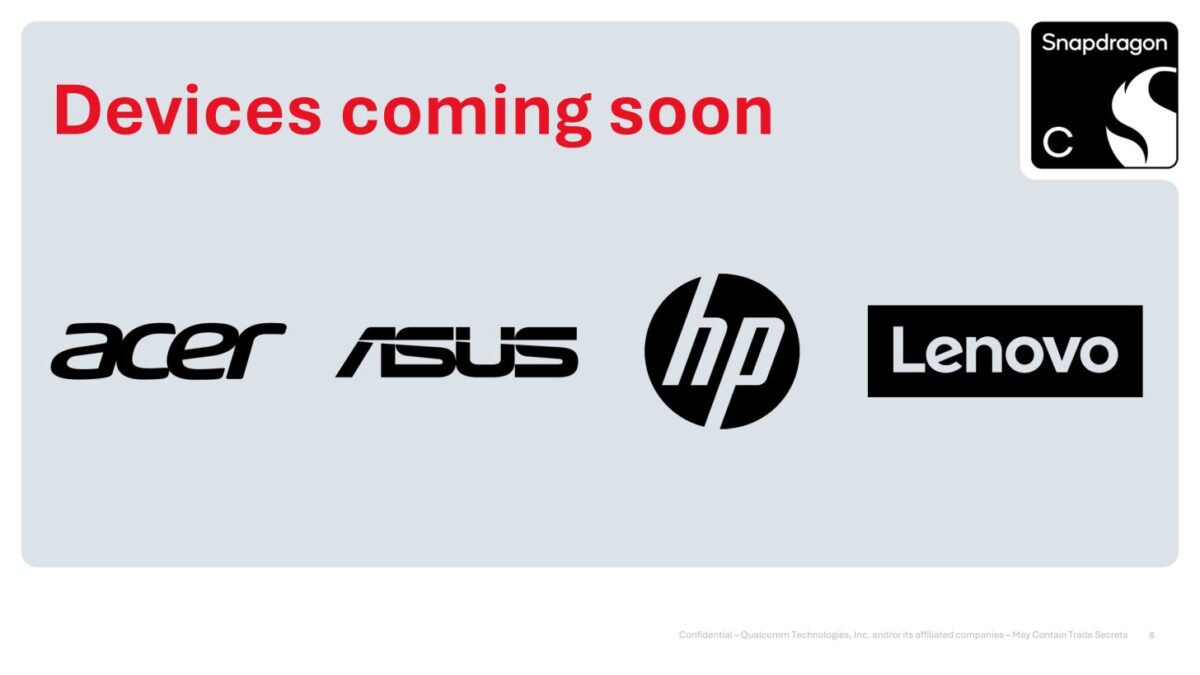 اسلاید معرفی دستگاههای در راه با عنوان «Devices coming soon» که لوگوهای Acer، Asus، HP و Lenovo را روی پسزمینه خاکستری روشن نشان میدهد و نشان Snapdragon C در گوشه بالا سمت راست قرار دارد.