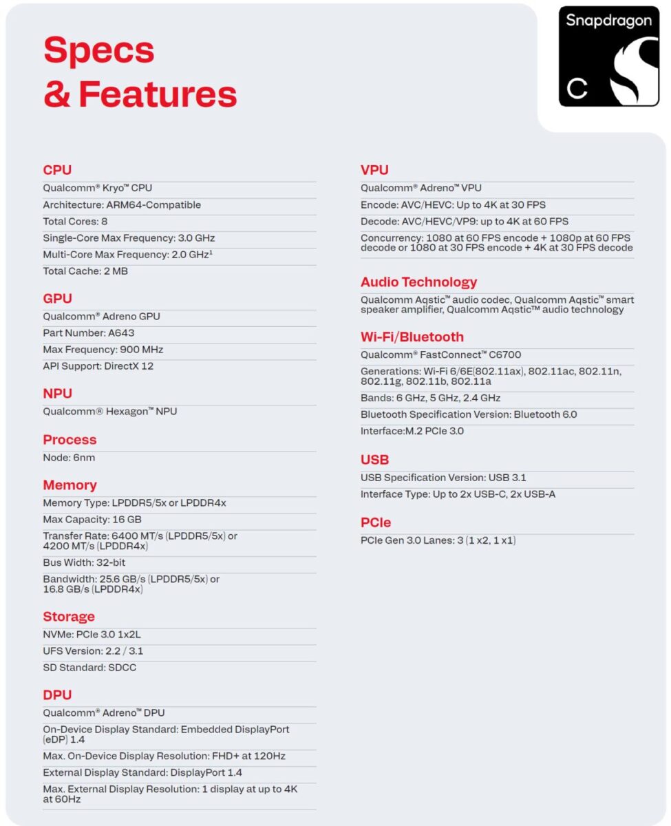 برگه مشخصات فنی Snapdragon C با عنوان «Specs & Features» شامل بخشهای CPU، GPU، NPU، حافظه، ذخیرهسازی، نمایشگر، VPU، فناوری صوتی، وایفای و بلوتوث، USB و PCIe در قالب یک جدول متنی دو ستونه.