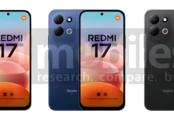 رندر Redmi 17 5G در رنگ‌های نارنجی، مشکی و آبی