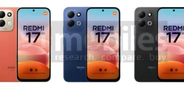 رندر Redmi 17 5G در رنگ‌های نارنجی، مشکی و آبی