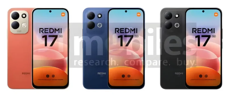 رندر Redmi 17 5G در رنگهای نارنجی، مشکی و آبی