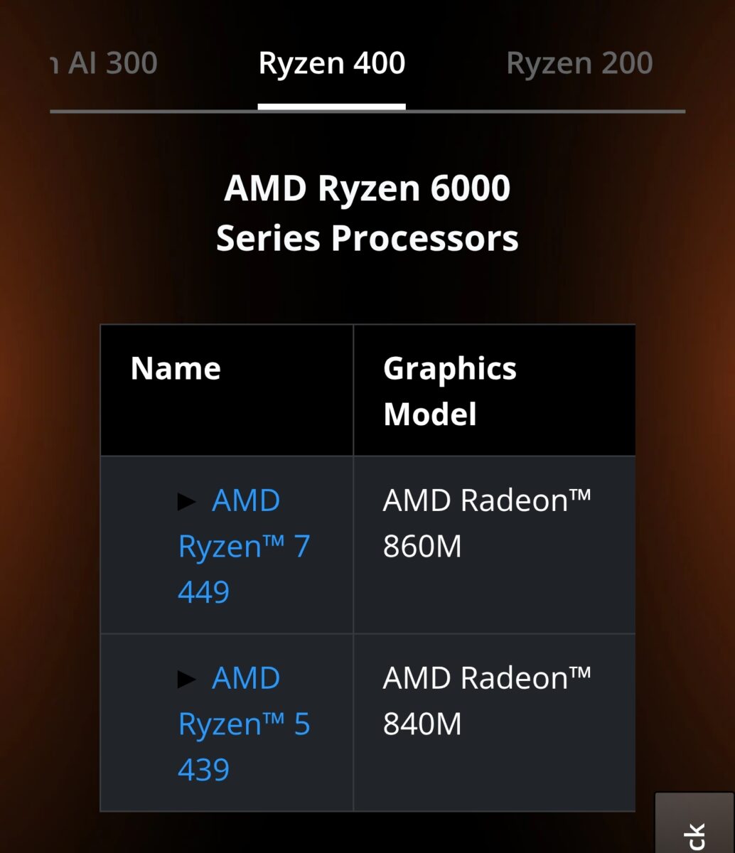 تصویر مقایسه‌ای پردازنده‌های AMD Ryzen 400 و Ryzen 6000 Series با جدول مشخصات و نام دو پردازنده Ryzen 7 449 و Ryzen 5 439