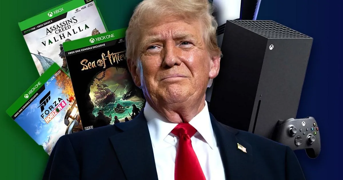 تصویر ترکیبی از دونالد ترامپ در مرکز، جلد بازیهای Xbox مانند Assassin’s Creed Valhalla، Sea of Thieves و Forza Horizon در سمت چپ، و کنسول Xbox Series X به همراه کنترلر در سمت راست.