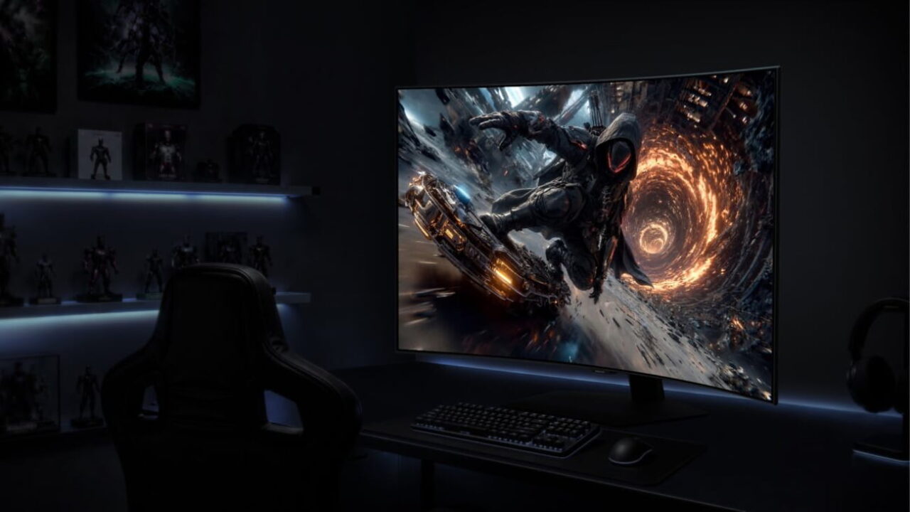 مانیتور خمیده گیمینگ سامسونگ Odyssey OLED G7 روی میز کار با نمایش تصویری اکشن و فضایی در محیطی با نورپردازی متمرکز.