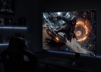 مانیتور خمیده گیمینگ سامسونگ Odyssey OLED G7 روی میز کار با نمایش تصویری اکشن و فضایی در محیطی با نورپردازی متمرکز.