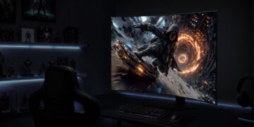مانیتور خمیده گیمینگ سامسونگ Odyssey OLED G7 روی میز کار با نمایش تصویری اکشن و فضایی در محیطی با نورپردازی متمرکز.