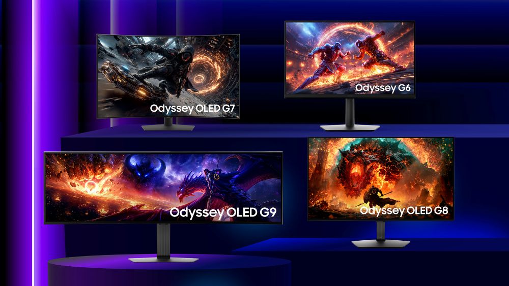چهار مدل از لاینآپ مانیتورهای گیمینگ سامسونگ شامل Odyssey OLED G7، Odyssey G6، Odyssey OLED G9 فوقعریض و Odyssey OLED G8 در کنار هم.