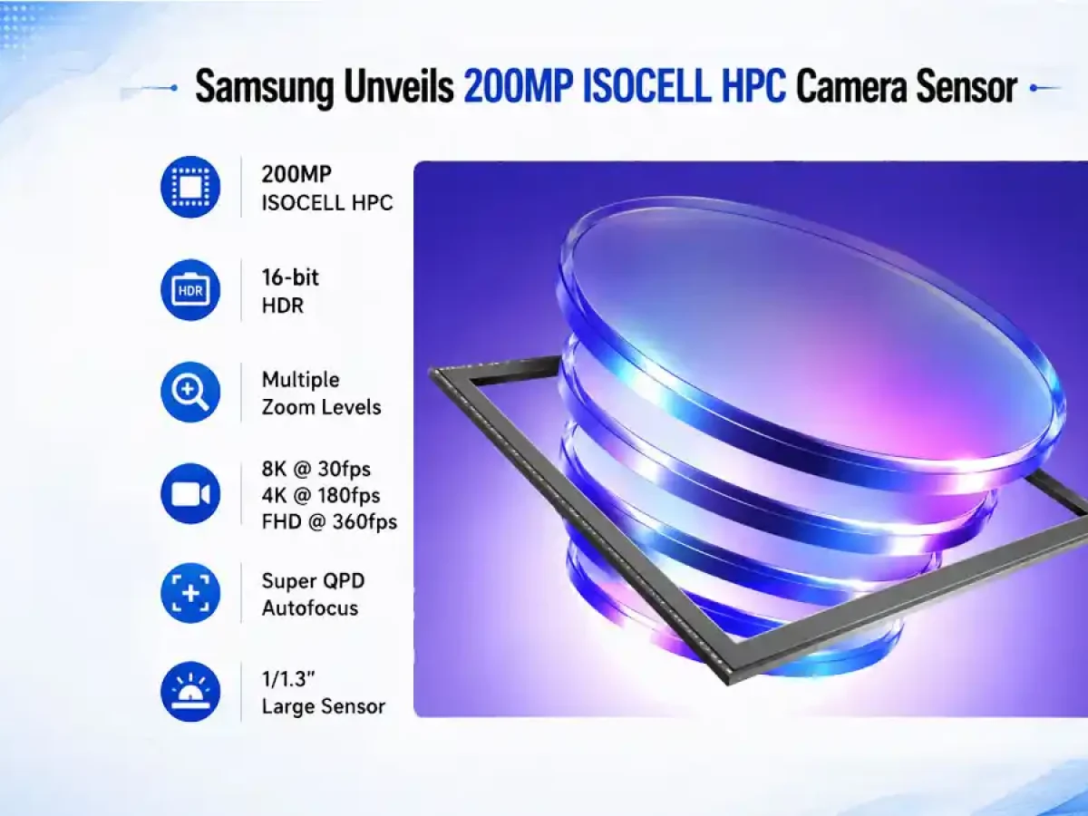 اینفوگرافیک حسگر دوربین ۲۰۰ مگاپیکسلی Samsung ISOCELL HPC با پشتیبانی از HDR شانزدهبیتی، چند سطح زوم، فیلمبرداری 8K با نرخ ۳۰ فریم و فوکوس خودکار Super QPD