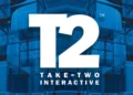 لوگوی سفید بزرگ T2 و نوشته Take-Two Interactive روی پسزمینهای آبی با ظاهر شیشهای و هندسی، شبیه هویت بصری شرکت.