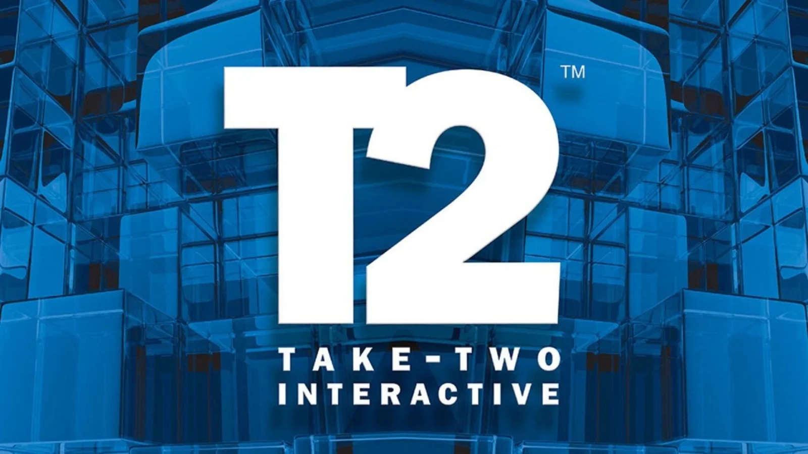 لوگوی سفید بزرگ T2 و نوشته Take-Two Interactive روی پسزمینهای آبی با ظاهر شیشهای و هندسی، شبیه هویت بصری شرکت.