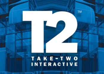 لوگوی سفید بزرگ T2 و نوشته Take-Two Interactive روی پس‌زمینه‌ای آبی با ظاهر شیشه‌ای و هندسی، شبیه هویت بصری شرکت.