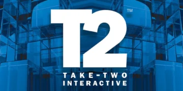 لوگوی سفید بزرگ T2 و نوشته Take-Two Interactive روی پسزمینهای آبی با ظاهر شیشهای و هندسی، شبیه هویت بصری شرکت.